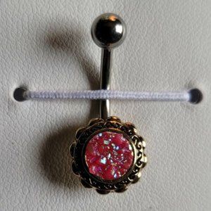 Gold Filigree Flower w/ Druzy Stone Center 316L Surg. Steel Belly Ring Pink